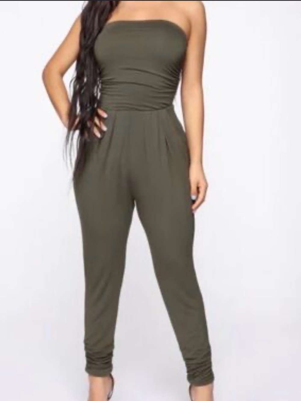 ADC Strapless Olive Jumpsuit for Women Size S Side Pockets Smocked Bodice